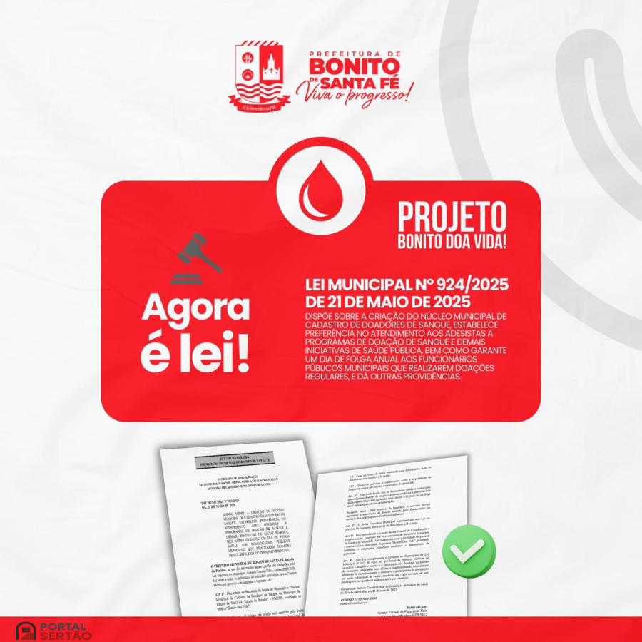 Bonito de Santa Fé cria núcleo municipal de doadores de sangue com incentivos e prioridade em serviços