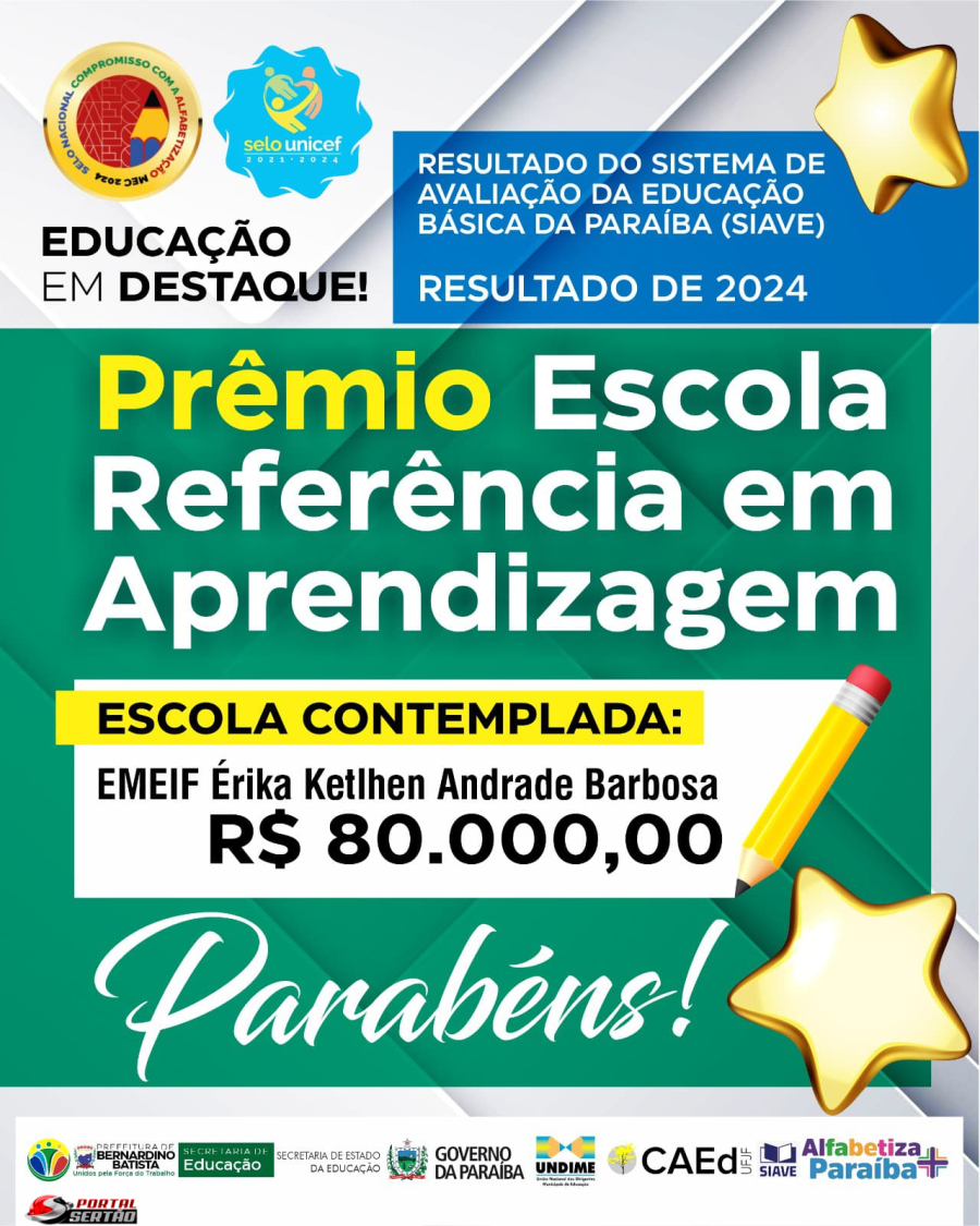 Escola Érika Kethlen conquista prêmio de R$ 80 mil após destaque no Sistema de Avaliação da Paraíba